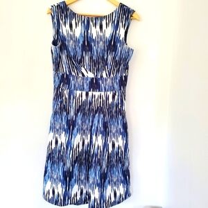 CALVIN KLEIN 8 Blues & White Sleeveless Fit & Flare Dress Pockets Shoulder Pads